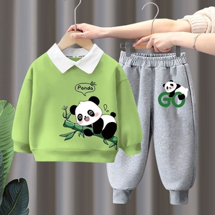 衣服2024洋氣兒童Polo領(lǐng)衛(wèi)衣春裝 童裝 男童春秋套裝 女孩新款 熊貓