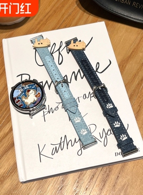 牛仔纽扣猫适用华为GT6表带5pro可爱猫咪牛仔皮质41mmGT4秋冬watch5高级蓝色可调节小米s4配件18mm/20mm/22mm