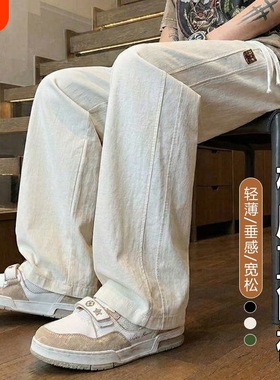 棉麻裤子男夏季薄款休闲直筒裤学生宽松青年垂感亚麻阔腿男裤绿色