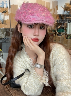 2025新款y2k重工羽毛亮片前进帽女冬季贝雷帽画家帽复古时尚亚人