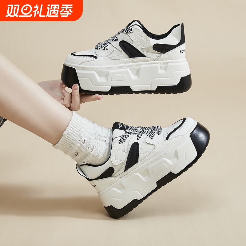 他她女孩2025秋季新款真皮女鞋百搭浅口单鞋内增高小白鞋女厚底休