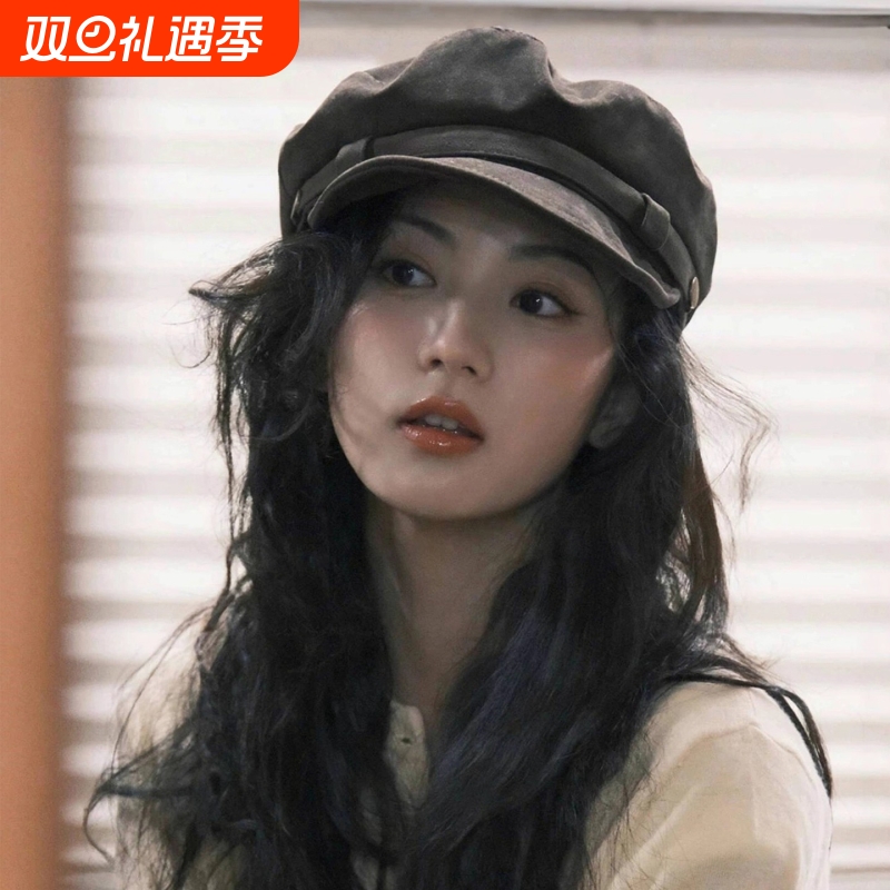 2025新款棕咖色麂皮绒贝雷帽子女款秋冬季英伦风画家帽保暖八角帽