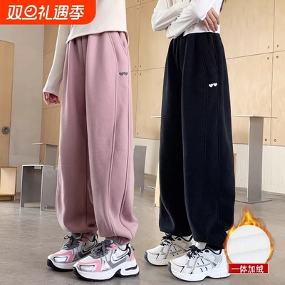 女童卫裤秋冬款2025新款儿童女孩一体加绒黑色裤子大童秋季运动裤