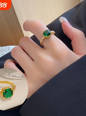 韩版ins风简约精致绿钻戒指女小众设计感开口可调节指环轻奢手饰