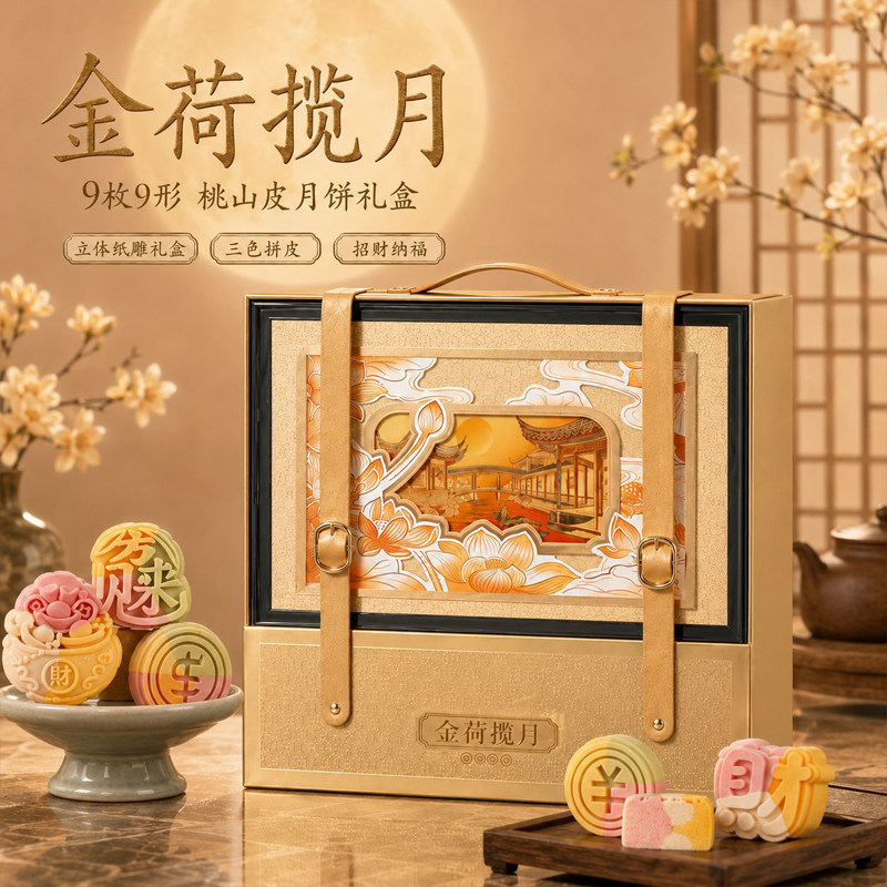 D中秋节新款精品月饼礼盒送礼佳品中式糕点流心椰蓉巧克力月饼