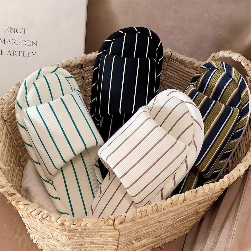 简约条纹居家地板鞋日式棉麻软底四季通用空调房拖鞋女ins