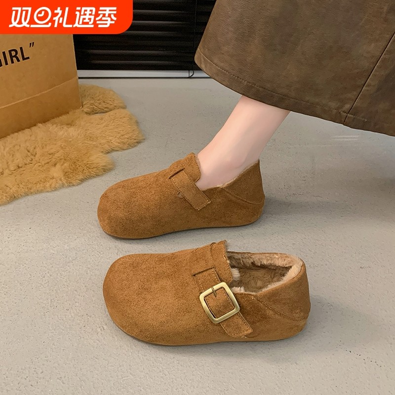 复古全包加绒勃肯鞋女2025秋冬新款内增高厚底一脚蹬两穿博肯棉鞋
