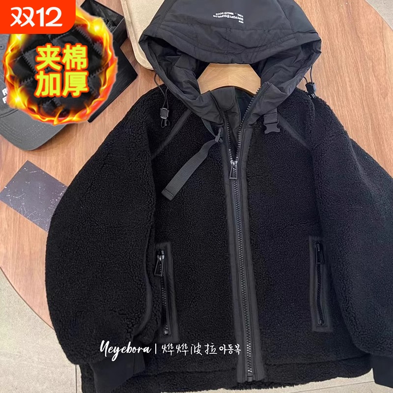 男童韩版毛毛外套秋冬季2025新款儿童宝宝加厚保暖连帽开衫上衣潮