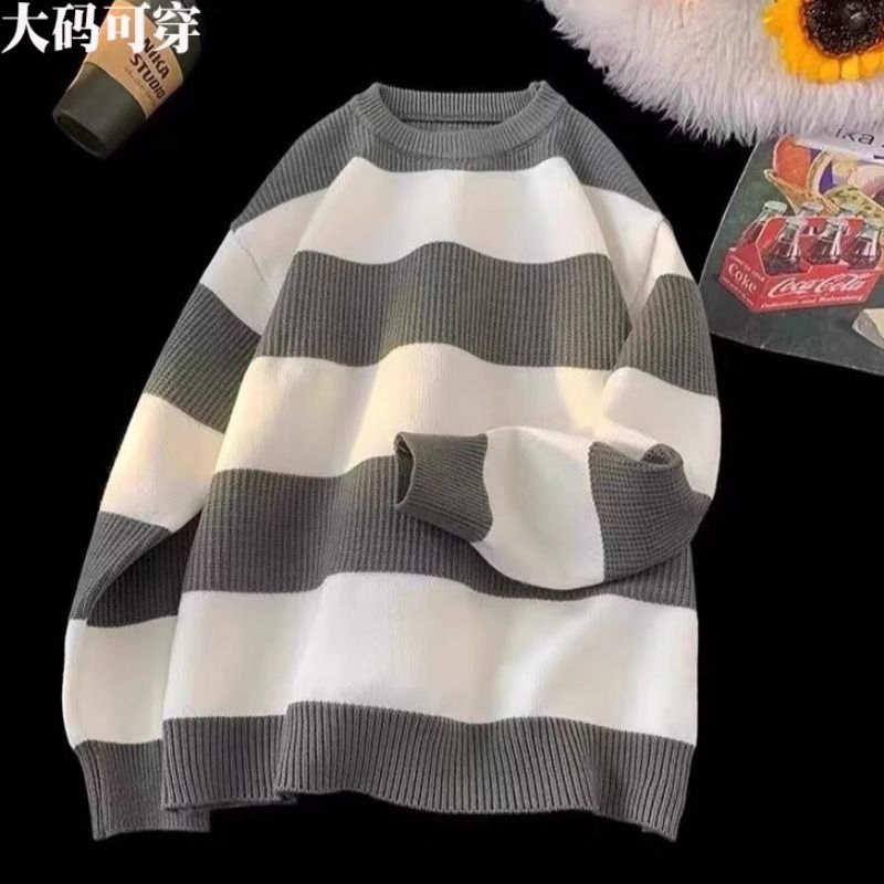 毛衣条纹圆领宽松套头慵懒大码