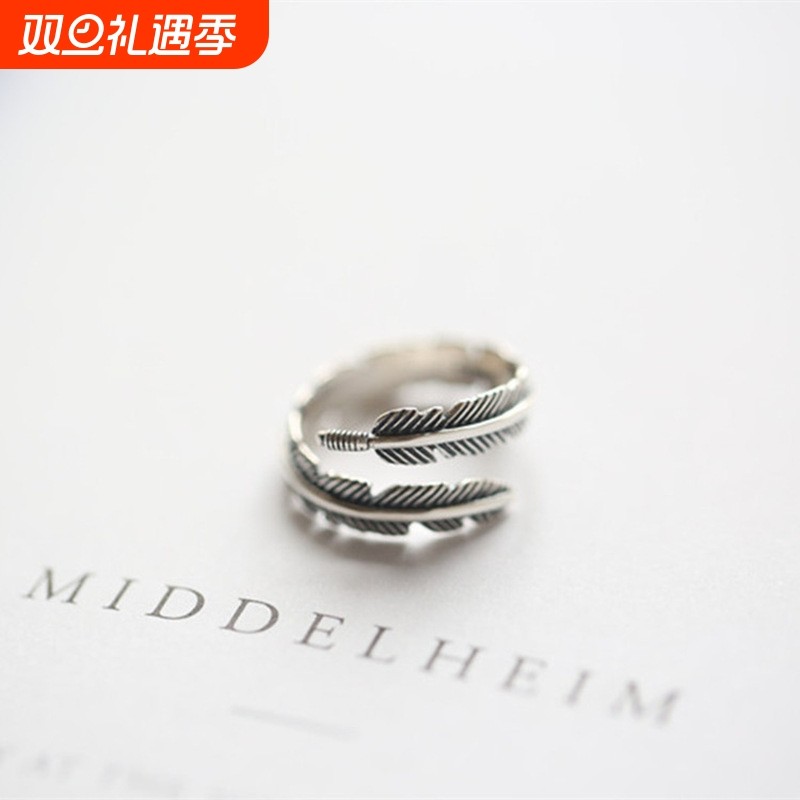 925纯银羽毛泰银戒指跨境简约指环复古罗马ins风欧美戒指现货批