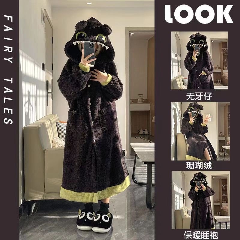珊瑚绒睡袍女冬季加厚保暖女士无牙仔连帽长款睡衣秋冬家居服套装