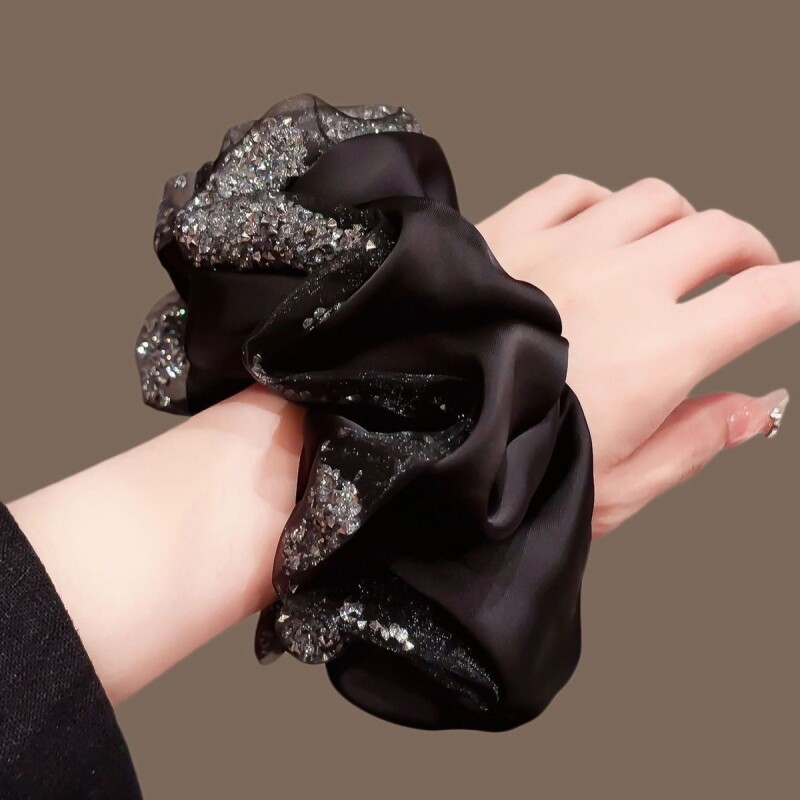 高级感水钻缎面发圈女精致气质扎低马尾大肠圈轻奢时尚发饰头花