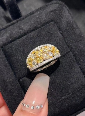 vintage中古风橘子气泡微镶高碳黄钻戒指女轻奢排钻满圈叠戴指环