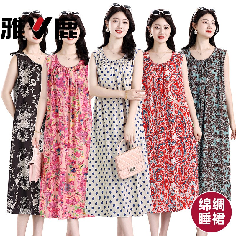 高档棉绸连衣裙带口袋胖妈妈睡裙图片