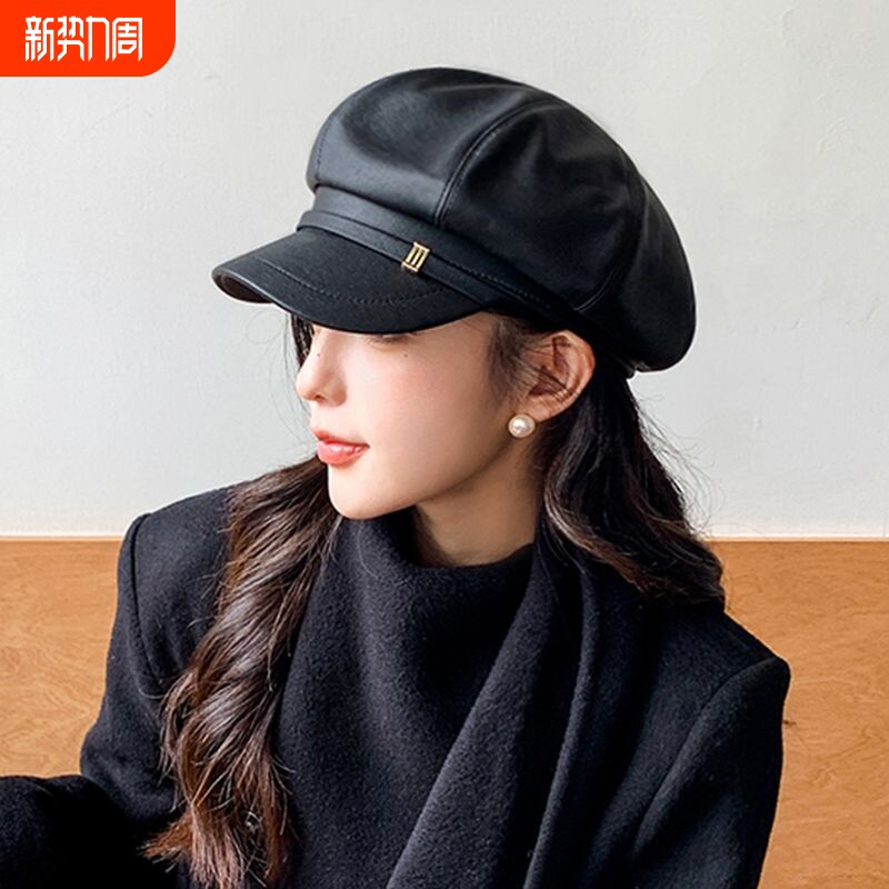 皮质八角帽女2024新款英伦复古报童帽大头围百搭街头鸭舌贝雷帽子