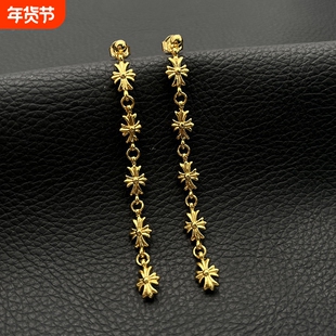 ODEK高级感气质个性长款22k金耳钉十字花流苏耳环精致小耳坠小众