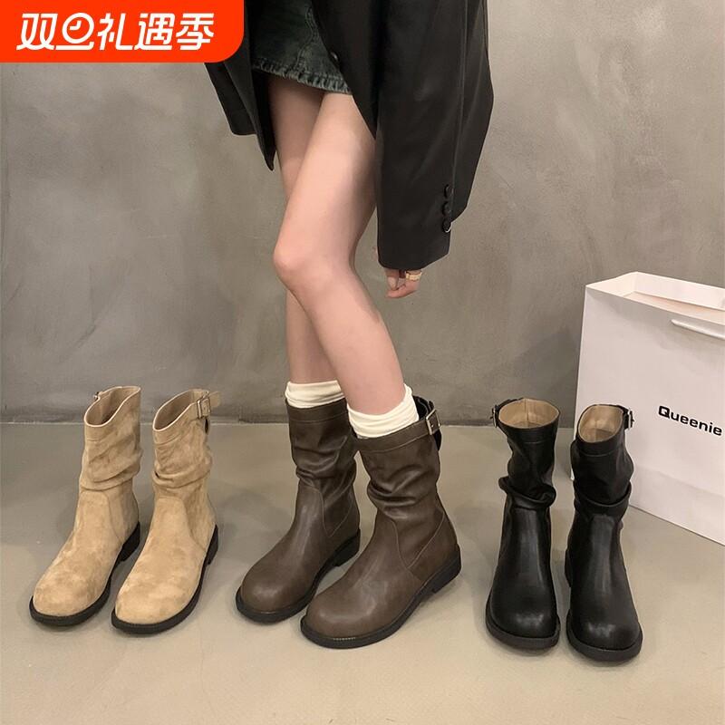 粗跟中筒靴骑士靴女鞋2025新款秋冬季加绒堆堆小短靴马丁靴子平底