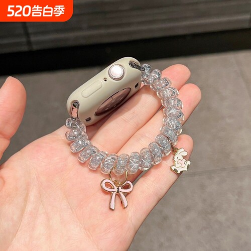 【闪亮发圈】适用苹果s11/10表带9弹力蝴蝶结小兔ultra3/2/1硅胶保护壳8秋冬s7/6/5简约智能运动配件