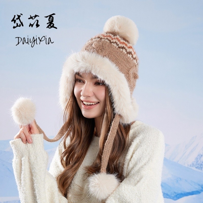 冬季保暖帽子女费尔岛针织毛线帽欧美时尚毛绒护耳包头雷锋帽防风