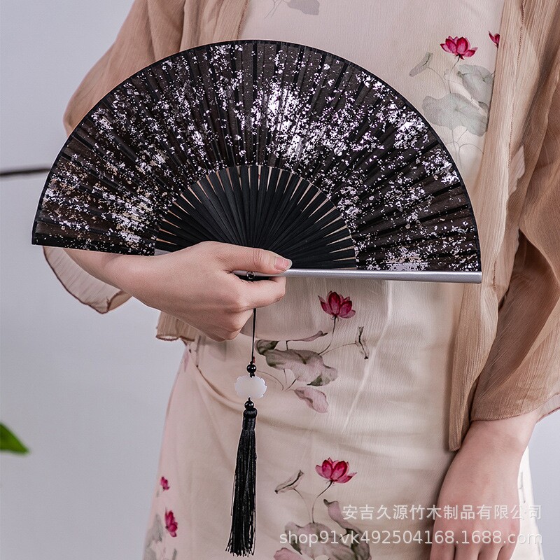 金银扇子古风古典黑折扇小巧汉服舞蹈扇随身易开合送流苏扇袋
