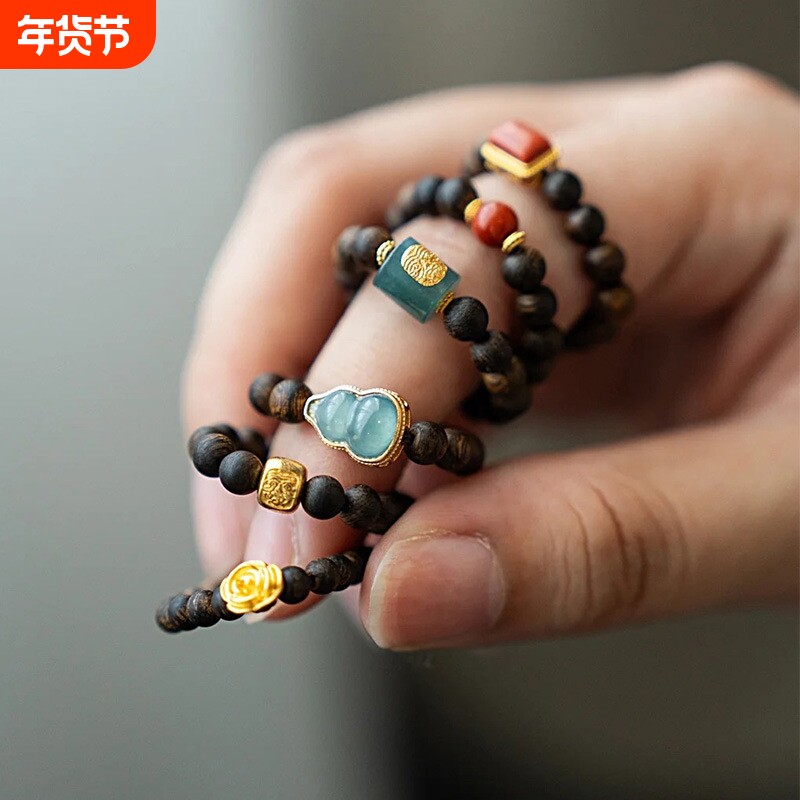 原创手作天然奇楠沉香小米珠戒指翡翠葫芦扎基拉姆财运圆珠指环绿