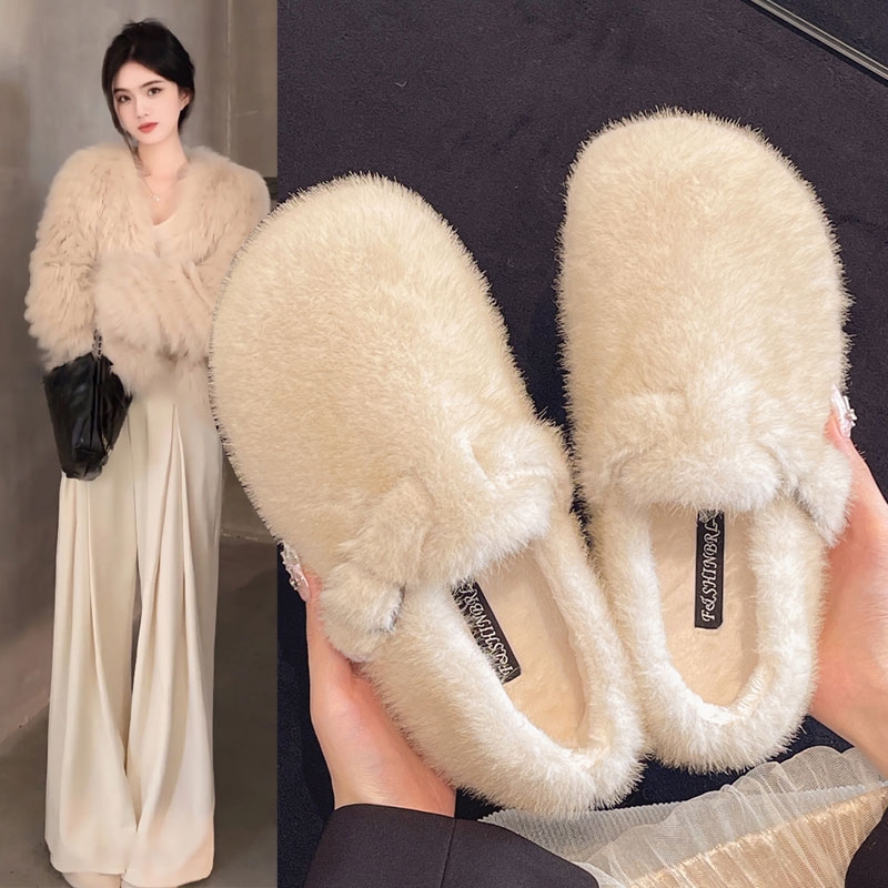 平底加绒毛毛鞋女外穿2025秋冬季新款一脚蹬水貂厚底博肯毛绒棉鞋
