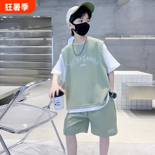 男童假两件短袖T恤套装2026新款夏季中大童帅气时髦短裤两件套潮