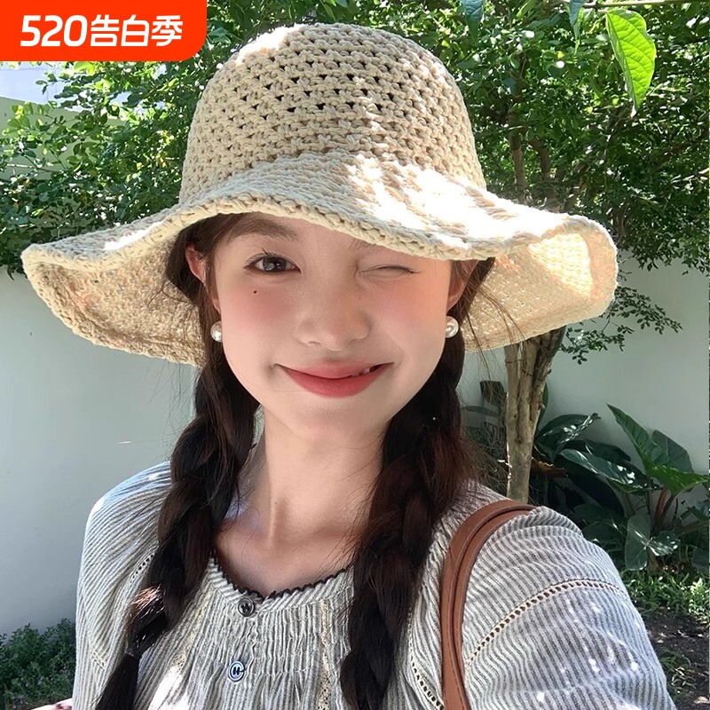 夏季镂空针织渔夫帽子女2026新款海边度假感遮阳帽草帽潮白色宽檐