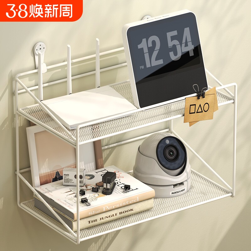 路由器置物架墙上免打孔电视机顶盒放置架WiFi收纳盒挂墙支架双层