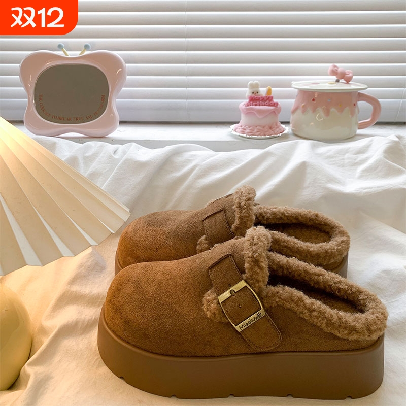 松糕厚底增高勃肯鞋女2025新款冬季加绒包头半拖鞋一脚蹬毛毛棉拖