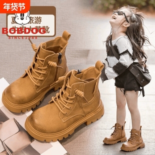 巴布豆马丁靴女童2025新款秋冬儿童靴子短靴新疆旅游鞋加绒真皮