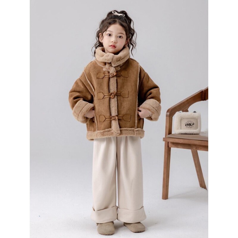 2025冬季新款女童加绒外套鹿皮绒皮毛一体保暖上衣女孩短款冬装W6