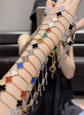 高版本五花手链女百搭镀18K玫瑰金轻奢红色玛瑙大小花手镯满钻