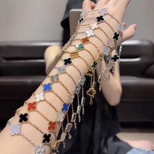 高版本五花手链女百搭镀18K玫瑰金轻奢红色玛瑙大小花手镯满钻