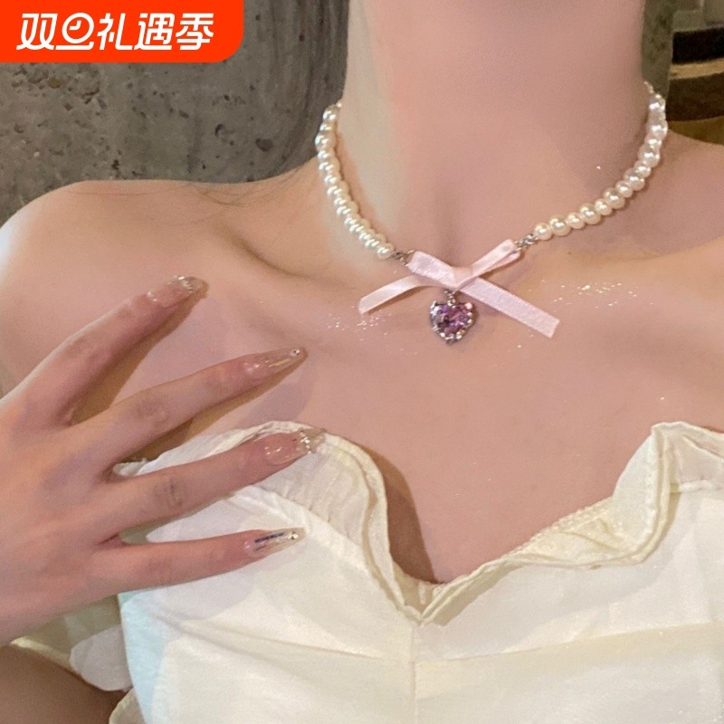 白桃乌龙~爱心蝴蝶结珍珠项链女生夏轻奢小众颈链七夕礼物送闺蜜