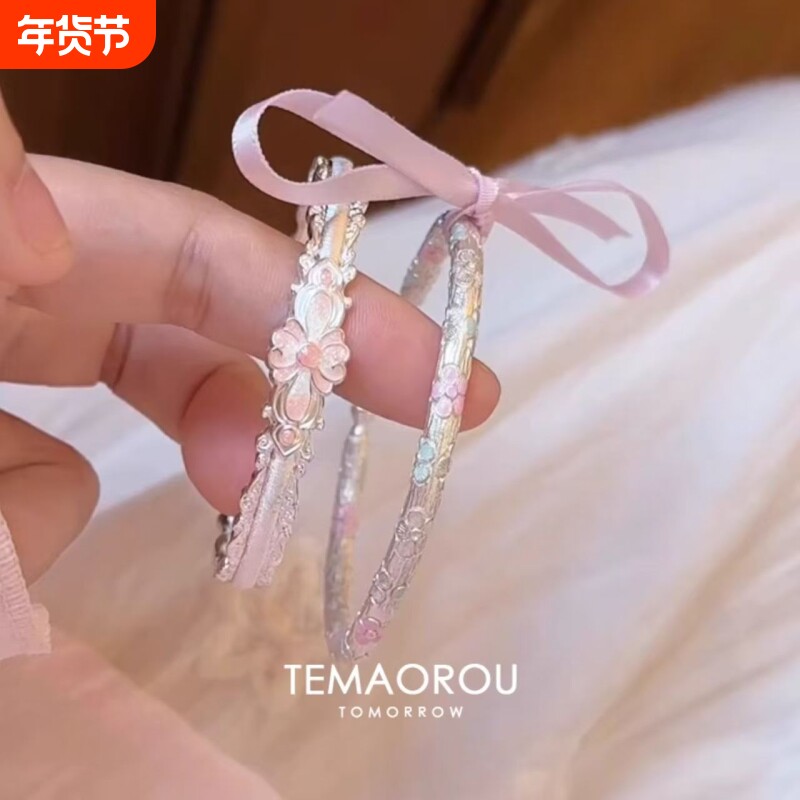 新中式鎏金手工雕刻珐琅滴油粉色花朵雕刻手镯女民族风手环手饰品