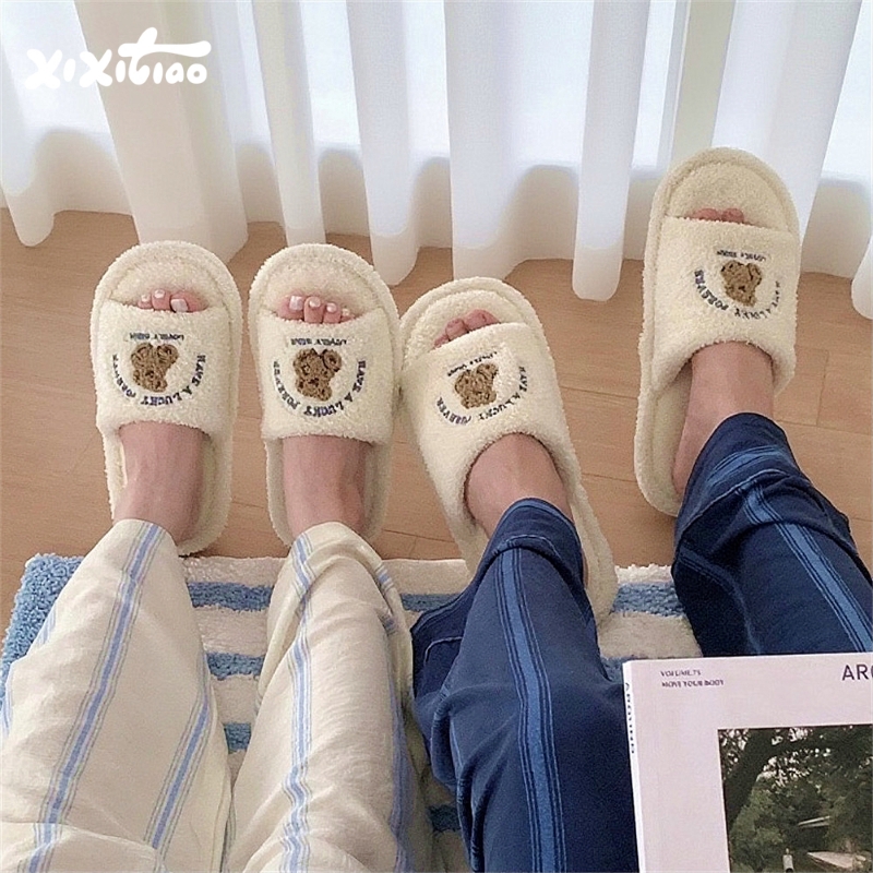 细细条 ins秋冬可爱家居一字月子棉拖鞋情侣韩式小熊毛毛拖鞋男女