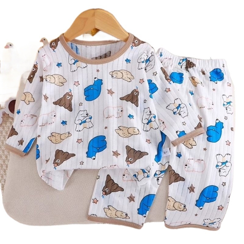 儿童家居服纯棉空调服男童女童睡衣套装a类夏长袖无骨薄全棉T120