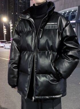 户外冬装情侣立领羽绒服PU皮衣加厚保暖面包服宽松羽绒棉袄子外套