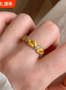 中古老钱风金色拉丝小麻花戒指女