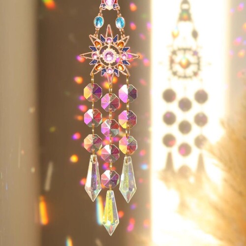 太阳捕手风铃窗户挂饰炫彩水晶彩虹K9折射玻璃彩光创意礼物雪花