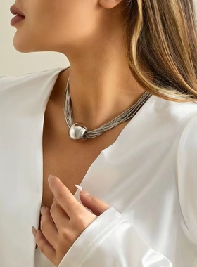 严选叠戴项饰气质辣妹几何圆球个性项链欧美跨境饰品朋克多层链条