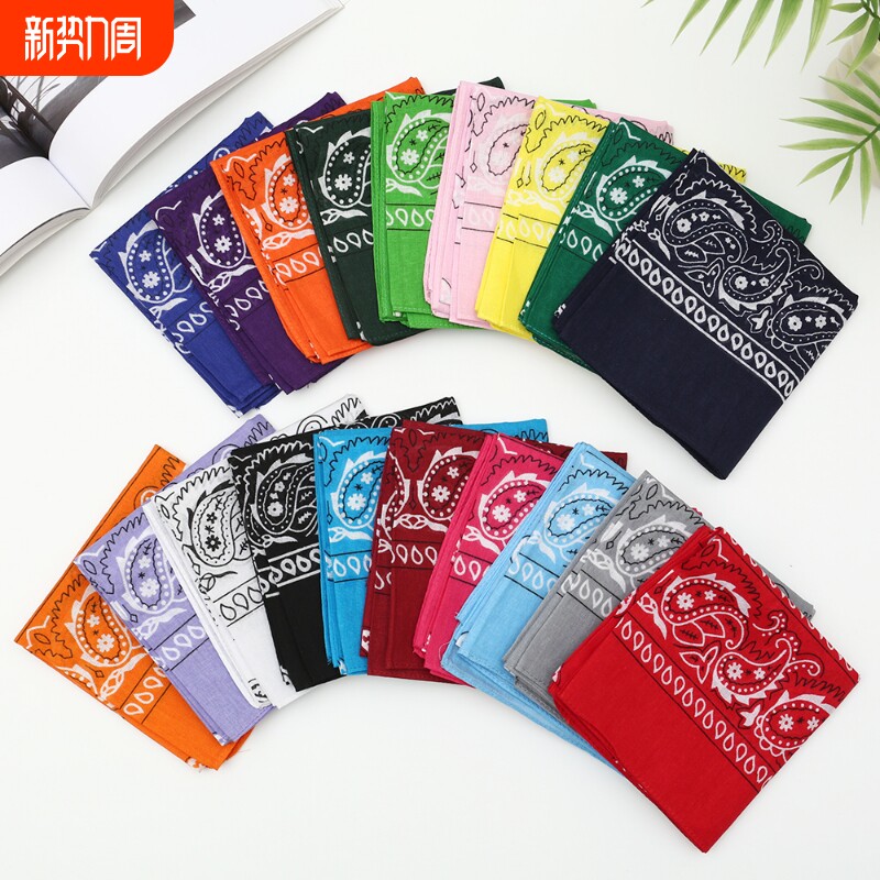 53cm纯棉印花方巾腰果花手帕街舞嘻哈头巾男女围巾黑色白色冬季