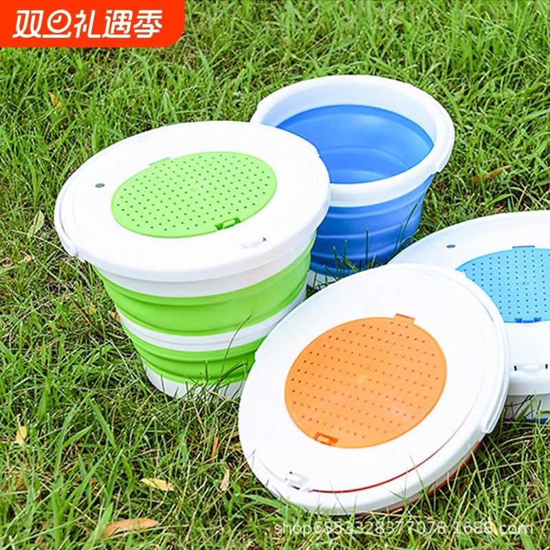 新款折叠水桶钓鱼桶带双盖单环圈可拆卸打水洗车孩童沙滩抓虾赶海