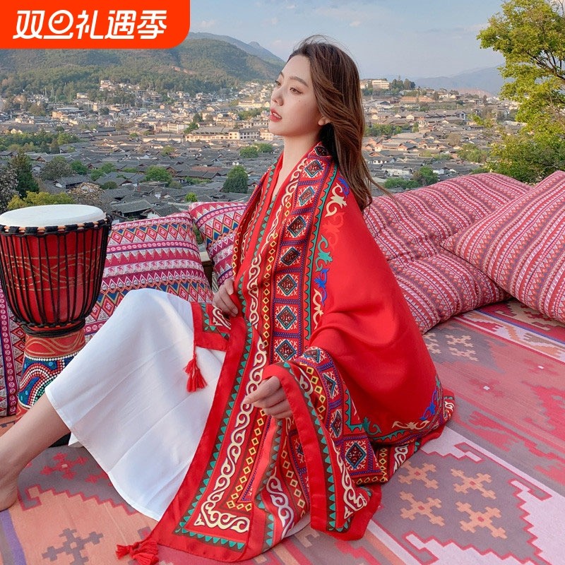 民族风披肩围巾拍照防晒沙滩丝巾海边大纱巾女沙漠旅游红色夏旅行