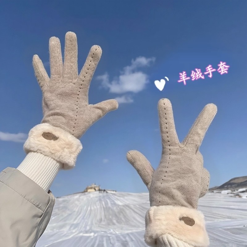 羊绒手套女士秋冬季2025新款加绒加厚防风保暖可触屏灰色骑车骑行