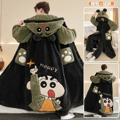 蜡笔小新睡衣男款秋冬季加厚加绒珊瑚绒睡袍男士青少年家居服套装