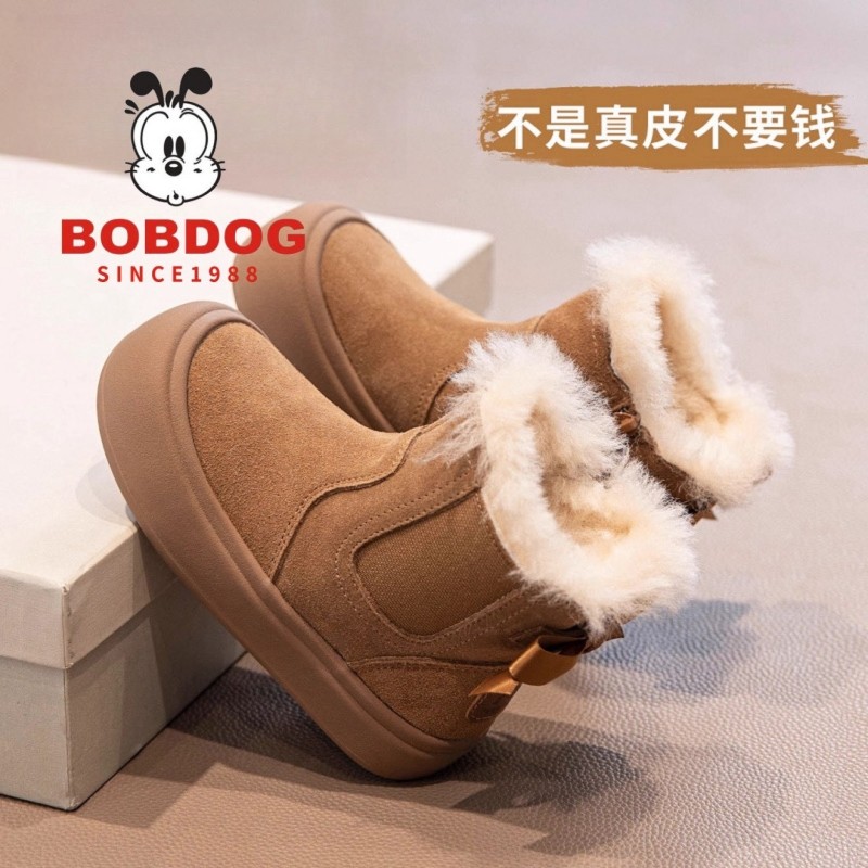 巴布豆真皮女童鞋雪地靴2025新款冬季儿童棉鞋加绒防水防滑潮黑色