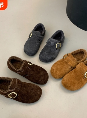 他她女孩平底加绒勃肯鞋女2025秋冬新款保暖一脚蹬棉鞋灰色毛绒