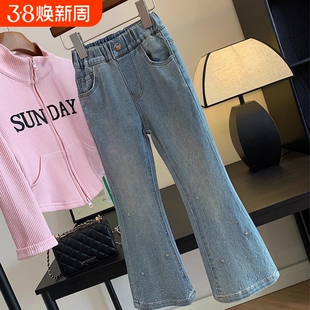 女童春秋冬季新款中大童加绒微喇裤童装儿童一体绒加厚牛仔喇叭裤